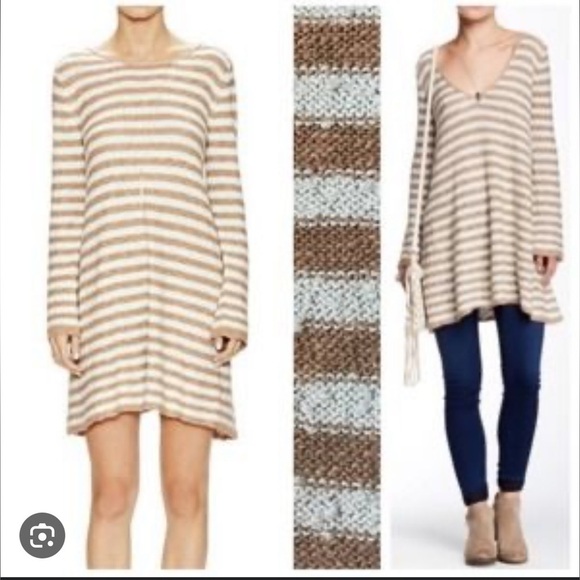 FREE PEOPLE Sweater Dress Women's Counting Stripe Swing Tunic Camel Mint Sz S - Picture 2 of 14